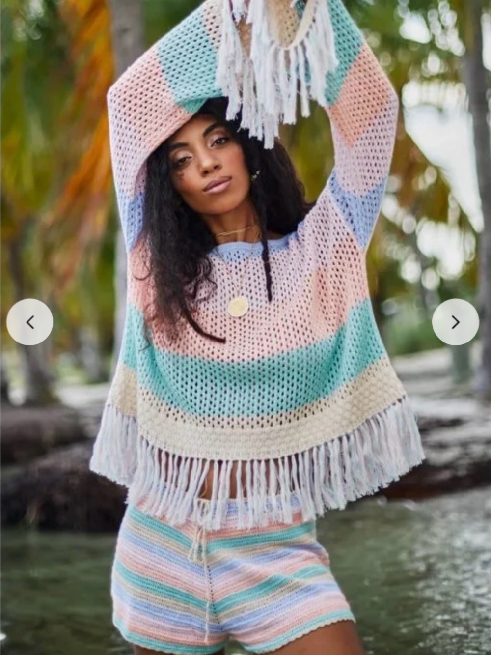 Pitusa Fringed Open-Knit Pastel Stripe Sweater